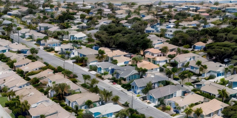 An aerial view of a single-family home neighborhood.